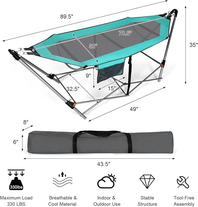 Portable Folding Hammock w/Side Pocket, Lounge Camping Bed w/Metal Stand & Anti-tip Buckles, Outdoor Camping Hammock with Carrying Bag for Patio Garden Yard, Easy Assembly (Turquoise)