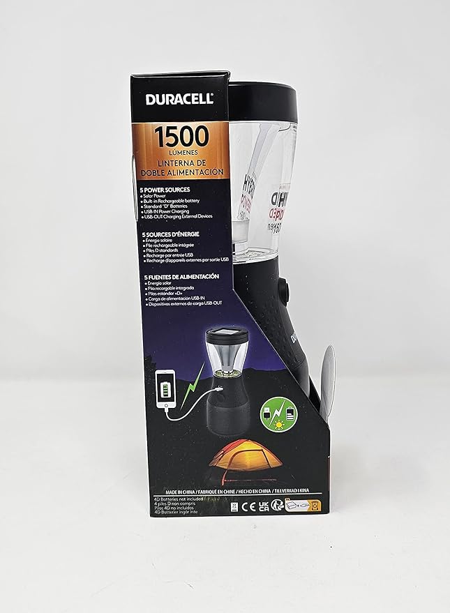 Duracell Dual Power Lantern 1500 Lumens with 5 Power Sources Available for Charging - 1 Lamp, Black
