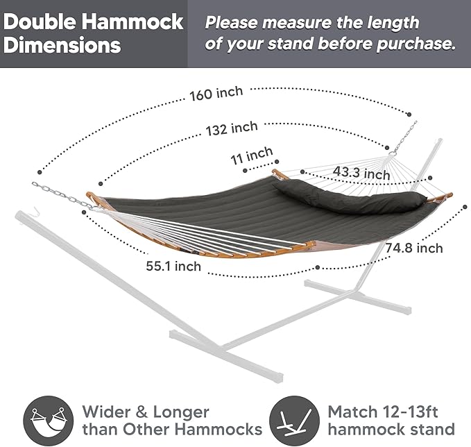 SUNCREAT Portable Double Hammock with Curved Spreader Bar, 450 lbs Capacity, Heavy Duty Outdoor Hammock with Outer Bag, Dark Gray