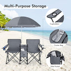 COSTWAY Double Portable Picnic Chairs, Folding Camping Chairs w/Detachable Umbrella, Cooler Bag, Cup Holders, Patio Beach Camping Chairs for Outdoors