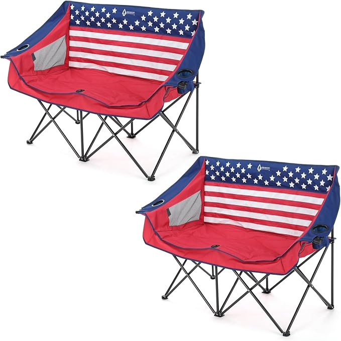 ARROWHEAD OUTDOOR 2-Pack Portable Folding Camp Loveseat Chair w/Glass & Cup Holders, Heavy Duty Carry Bag, 650 lbs Weight Capacity