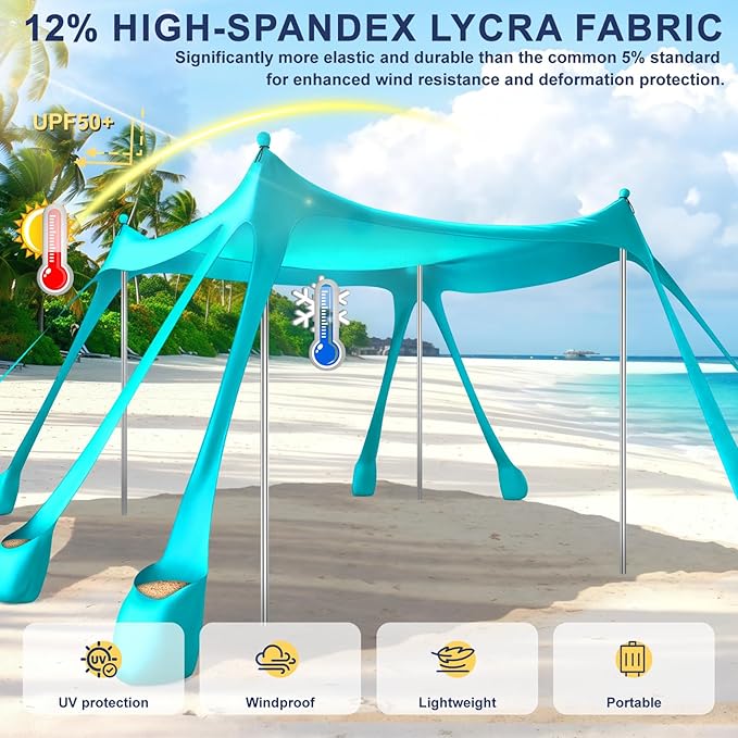 Beach Tent Sun Shelter UPF 50+,10x10 FT Beach Canopy Tent Sun Shade,Pop Up Beach Canopy with 8 Sandbags,Outdoor Beach Shade for Camping Trips, Fishing, Backyard Fun Picnics (Turquoise)