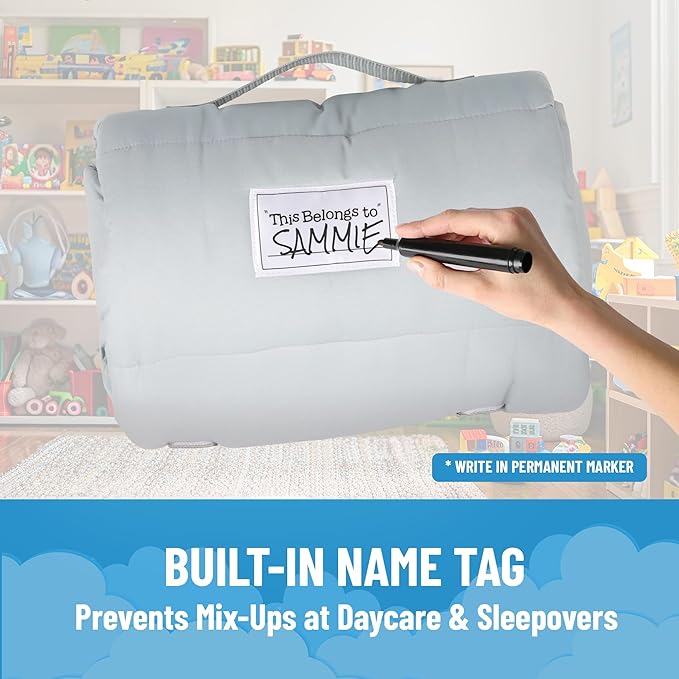 Jay Franco Kids Nap Mat with Embedded Pillow & Blanket – Soft 46"x20" Microfiber Sleeping Bag with Name Tag & Handle for School, Travel, Sleepover