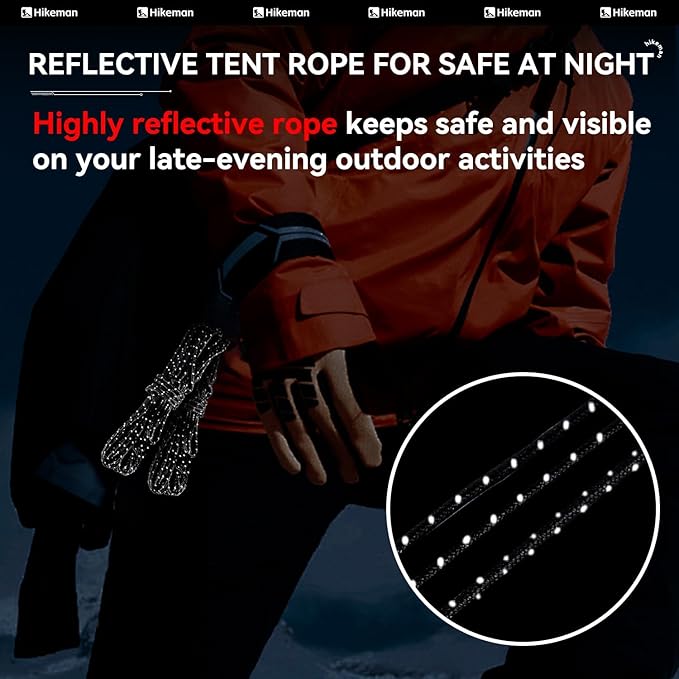 Hikeman Tent Guy Ropes 2mm-Ultralight Strong Guy Lines with Tensioner Reflective UHMWPE Fiber Tent Cord for Camping, Hiking, Backpacking Rope (Red, 39 Feet Cord & 6 Pcs Tensioner Kit)