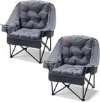 EVER ADVANCED 2 Set Camping Chair with Detachable Cushion, Mesh Chair for Adults Foldable, Oversized Heavy Duty Folding Chair with Cooler Mesh Pocket Cupholder Outdoor Fishing, Supports 400LBS Grey