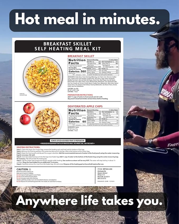 Heaven's Harvest Self-Heating Emergency Meal Kit (10 Year Shelf Life) — Tastier than MRE Meals & Ready-To-Eat in Minutes! Just add water to activate the “cooking” process. (Breakfast Skillet, 12-Pack)