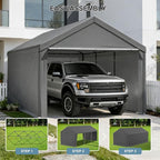 Carport 10x20ft Heavy Duty Canopy,Portable Garage Party Tent,Portable Garage with Removable Sidewalls & Doors All-Season Tarp for Car,Truck,Party Grey
