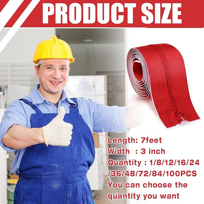 Tigeen 8 Roll Heavy Duty Zipper Door for Dust Barriers 7 ft x 3 Inch Self Adhesive Construction Zipper Door for Greenhouse Tent Accessories (Red)