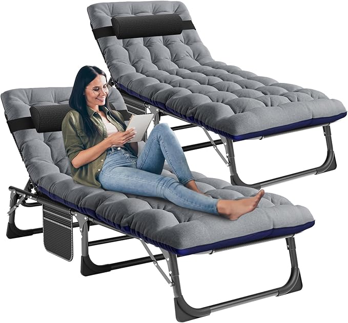 LILYPELLE Folding Outside Chaise Lounge Chair with Mattress, 5 Position Adjustable Patio Folding Lounge Chair Reclining Chairs Perfect for Outside, Sunbathing, Camping, Pool, Beach, Patio, Light Gray