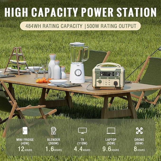 500W Portable Power Station 484Wh Solar Generator Backup Power Supply with 2 AC Outlets, 5 USB Ports and PD 100W Type-C Ports; Emergency LED Light for Outdoor Adventure Camping RV Emergency