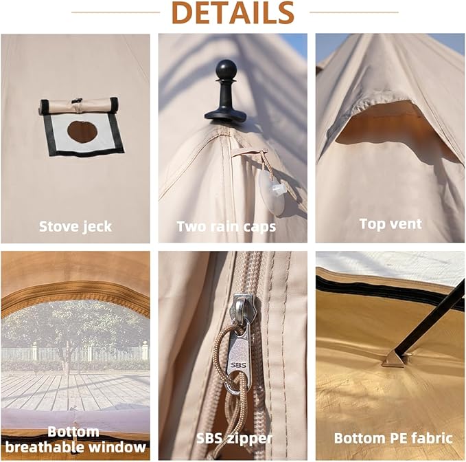 Canvas Bell Tent with Stove Jack, Glamping Yurt Tent for 360° Ventilated Mesh with Zipped Removable Floor, 4 Season Family House Hot Tents for All Year Living