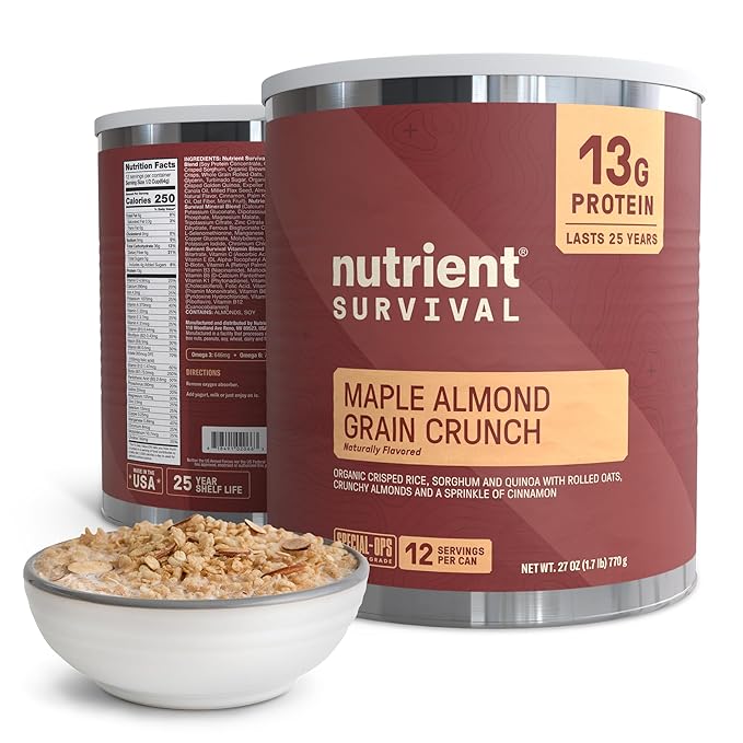 High Protein Cereal, Maple Almond Grain Crunch (12 Servings) Freeze Dried Prepper Supplies & Emergency Food Supply, Dairy & Gluten Free, Shelf Stable Up to 25 Years, One Can
