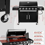 6-Burner w/Side Burner Gas Grill with 403 SQ.IN. Outdoor Grill with 60,000 BTU,Propane Grills with Top Cover Lid,Grills Outdoor Cooking for Patios,Camping,Balcony-Q032
