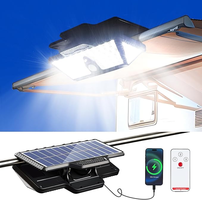 208LED High Bright Solar RV Lights Exterior, Clip on Solar RV Porch Light, 6000 mAh Camper Lights for Outside with Remote Control, Camping Light Outdoor Waterproof Motion Sensor for Camper Awning