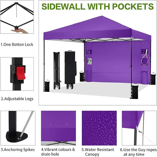 12'x12' Pop Up Canopy Tent with 1 Sidewall and 6 Pockets, One Push Setup, Case, 8 Stakes, 4 Ropes, 4 Sandbags (Purple, 12x12)