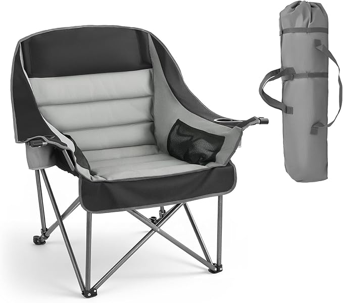VEVOR Oversized Camping Chairs, 450 lbs Heavy Duty Support, Portable Padded Folding Camp Chairs with Dual Cup Holders & Wine Glass Holders, Carry Bag for Outdoor, Fishing, Black & Gray, 1 Pack