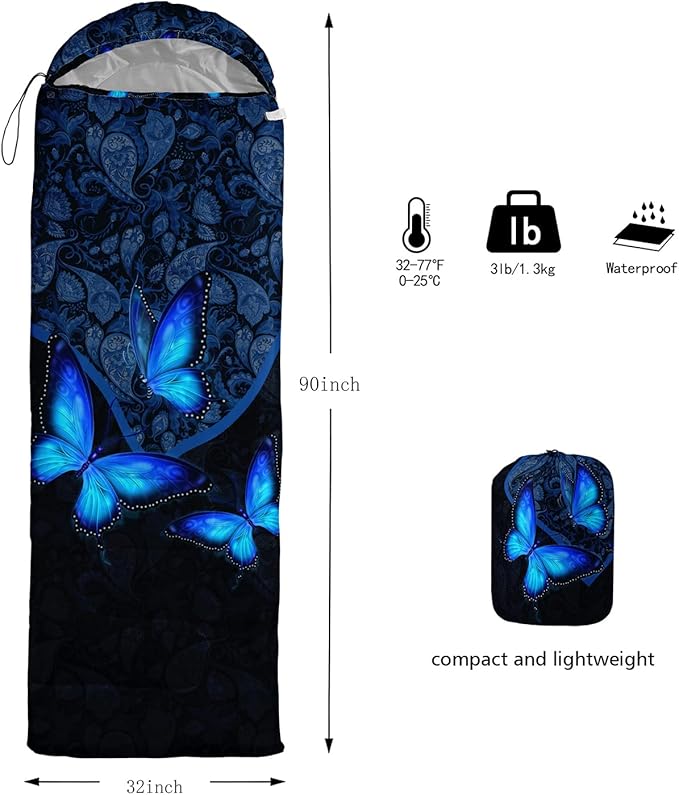 HOSIMA Butterfly Sleeping Bags for Adults and Kids for Camping,Black Gothic Ultralight Sleeping Bag for Cold Weather Summer.