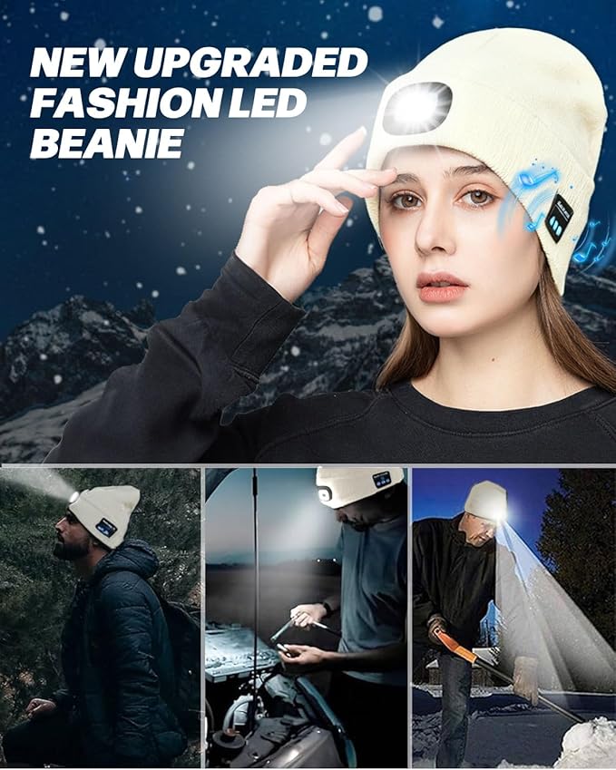 Bluetooth Beanie with Light, USB Rechargeable LED Headlamp Winter Hat, Men Women Valentine's Day Gifts