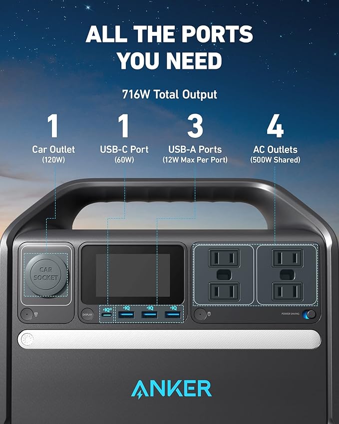 Anker 536 Portable Power Station with Anker Carrying Case Bag, 508Wh Solar Generator (Solar Panel Optional),500W 9-Port Powerhouse, 4 AC Outlets, 60W USB-C PD Output, LED Light for Outdoor Camping