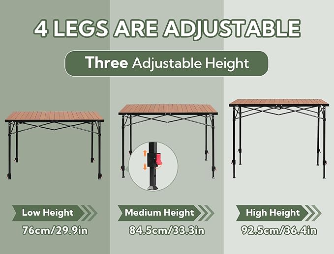 Portable Outdoor Adjustable Height Camping Table, Large for 2-6 Person, Foldable Roll-up Aluminum Camp Table with Carry Bag for Picnic, Camp, Sturdy, Stable, Loads 220 Lbs