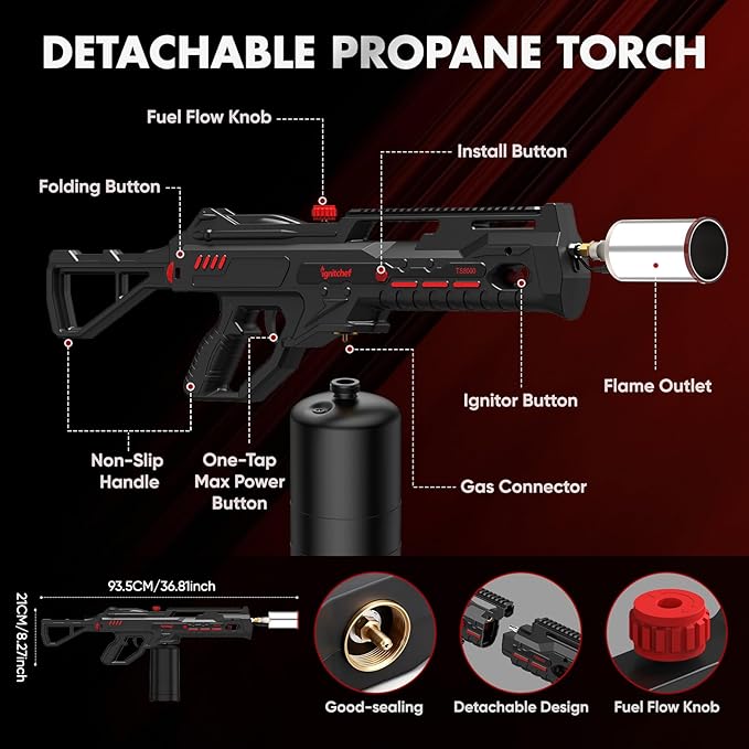 Propane Torch Gun with One-Touch Max Fire, Kitchen Blow Torch for Sous Vide Searing Steak, Grill, Charcoal Starter, Campfire(Propane Tank Not Included)