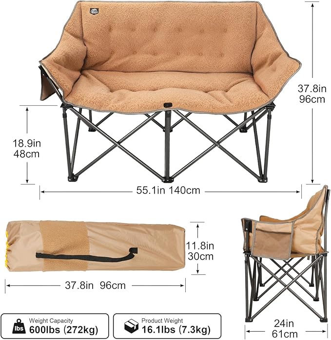 Fuzzy Oversized Folding Double Camping Chairs,Heavy Duty Supports 600 Lbs,Comfy Portable Loveseat for Adults w/Mesh Pocket,Plush Fleece-Lined Lawn Couch for Outdoor/Indoor,Light Moca