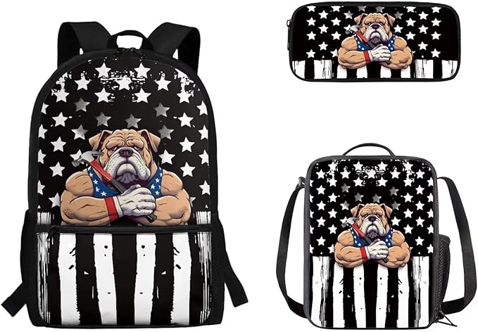 3 Pieces American Flag and Cool Dog Pattern School Bag Set for Boys, Students Book Bag with Large Capacity Lunch Box Pencil Case, Bags Set for Picnic Hiking Camping