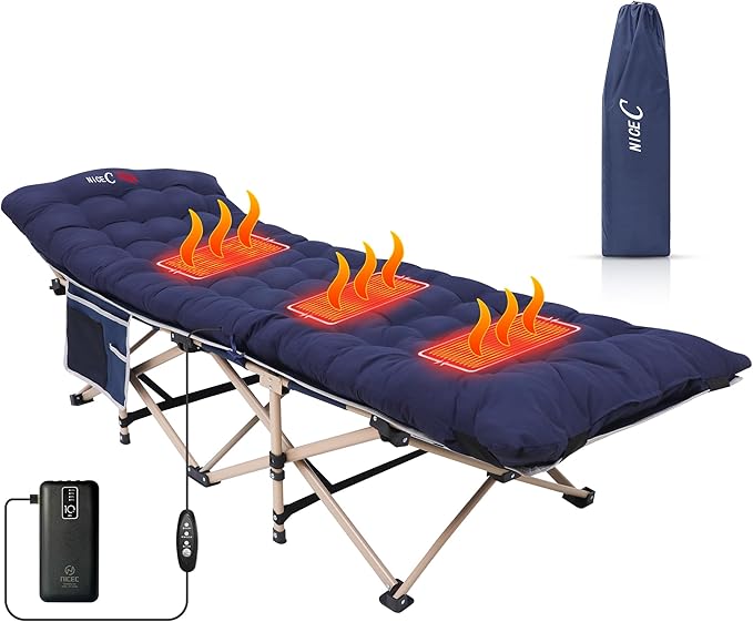 Nice C Heated Cot with Battery, Heated Camping Cots with Cushion, Folding Cots with Mattress for Adults, with Pillow, Carry Bag & Storage Pocket, Extra Wide Sturdy, Holds Up to 500 Lbs (1 Pack Navy)