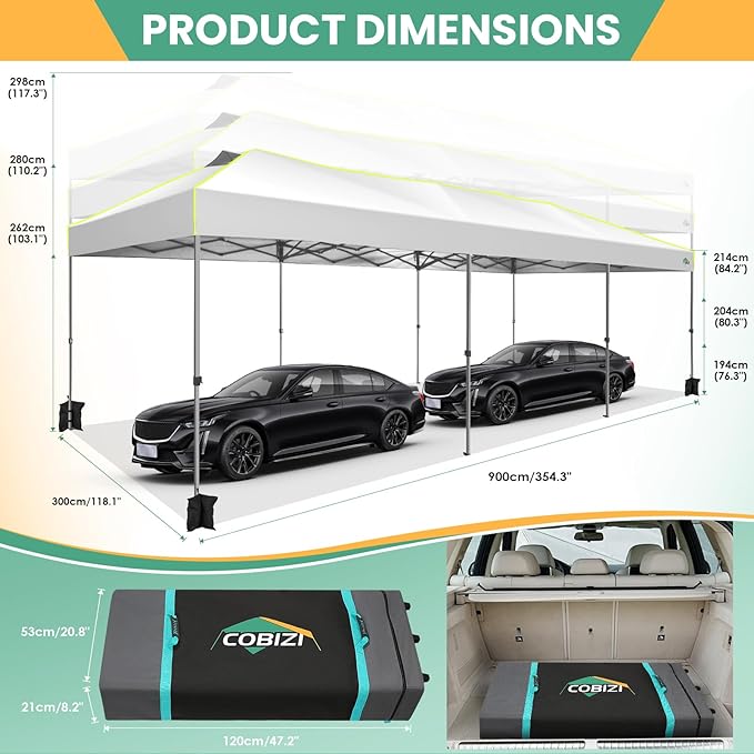 COBIZI 10x30 Pop Up Canopy Tent, Wedding Party Tent with 8 Sidewall One Push Setup Glow, 3 Adjustable Height Air Vent Waterproof UPF50+, Wheeled Bag, Sandbag, Stake, Rope for Commercial, Outdoor