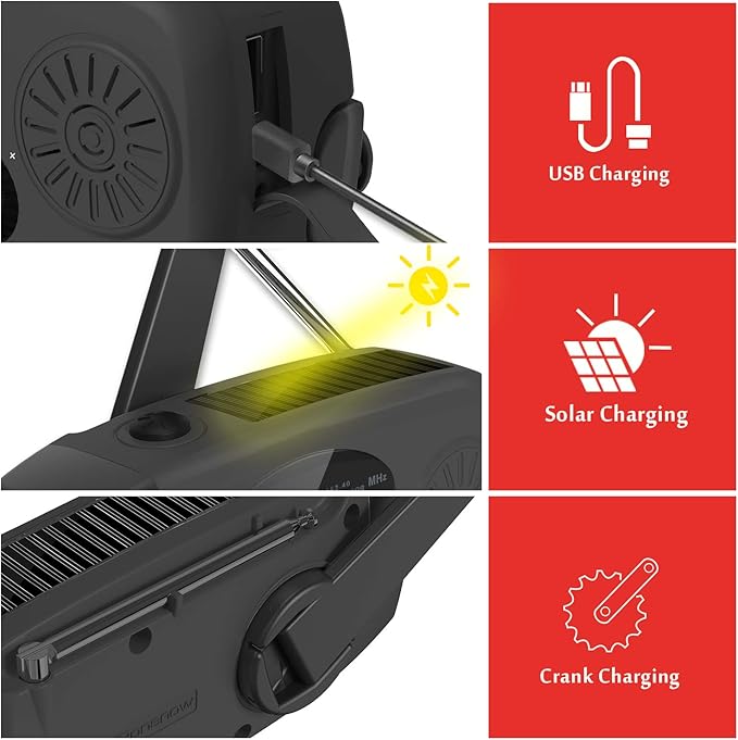 Solar Emergency Hand Crank Weather Radio, Portable Self Powered NOAA AM/FM Radios with SOS Alarm LED Flashlight 2000mAh Smart Phone USB Charger for Camping (Black)