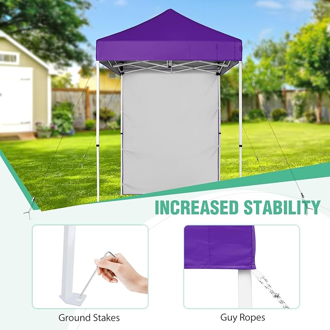 5x5 Pop Up Canopy Tent with One Sidewall, Instant Portable Beach Canopy, Outdoor Tent with Carry Bag for Camping, Sports, Tailgating, Events, Purple