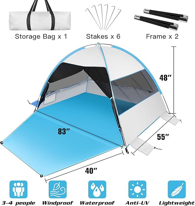 Large 3-4 Person Beach Tent - UPF 50+ Anti-UV, Easy Setup with Extended Floor & Mesh Windows, Portable for Camping Fishing