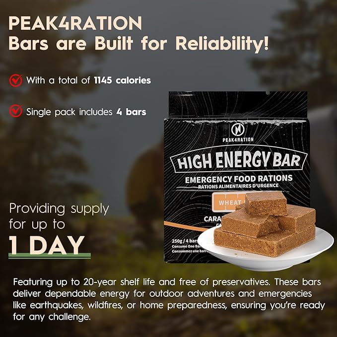 PEAK4RATION High Energy Bar | Compact Compressed Food Bar - Caramel Cinnamon 250g 1145kcal | Long Shelf-Life Emergency Food Ration | Survival Preparedness Food Bar for Outdoor Camping, Crisis, Earthquake, Wildfire, Home Preparedness