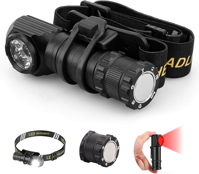 High Lumens LED Rechargeable Headlamp for Adults - Hard Hat Light Running Head Lamp Headlight with Red Light, Magnet, 180° Tilt, Detachable Flashlight & Headband, Outdoor, Emergency Use 1PC