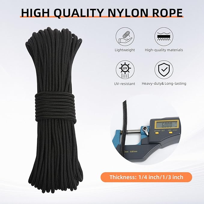 Nylon Rope, 1/4 inch 100FT Nylon Poly Rope Utility Cord Strong Polyester for Camping, Hiking, Clothesline, Tie, Flag Pole, Marine, Outdoor Swing (6mm Black)