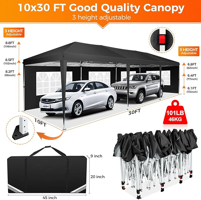 COBIZI 10x30 Pop Up Canopy Tent with Removable Sidewalls, Waterproof Portable Easy Up Canopy with Carry Bag, Instant Outdoor Shelter Tents for Parties, Events, Backyard Gatherings, Weddings, Black
