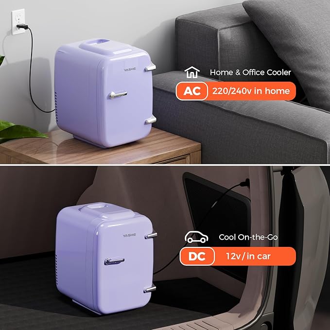 Mini Fridge, 4 Liter/6 Can Mini Makeup Fridge, 110V AC/ 12V DC Portable Thermoelectric Cooler&Warmer for Skincare, Drink, Cosmetic, Medicine, Small fridge for Bedroom, Office, Dorm, Car, Purple