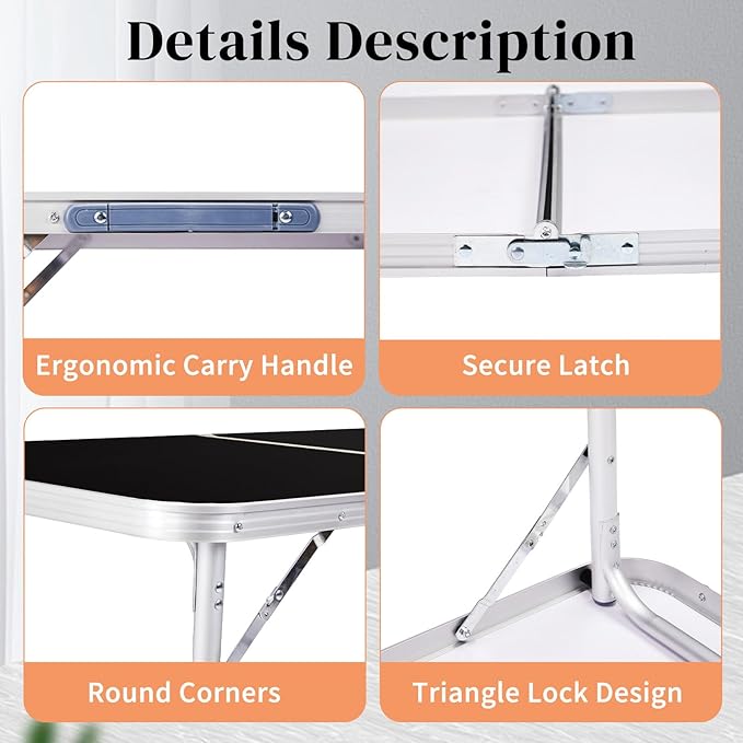6.0 Ft Folding Portable Camping Table with Three Adjustable Heights, Tri-fold Outdoor Table, Outdoor Camping Kitchen, BBQ, Picnic, Cooking, Beach, Garden, Party, Black