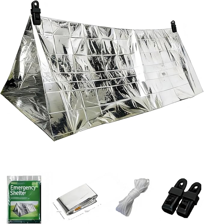Emergency Survival Tent 2-Person Mylar Tube Tent – Windproof & Waterproof All-Weather Life Shelter, Must-Have Survival Gear for Camping, Hiking, Outdoor Emergencies & Survival Kits. Silver