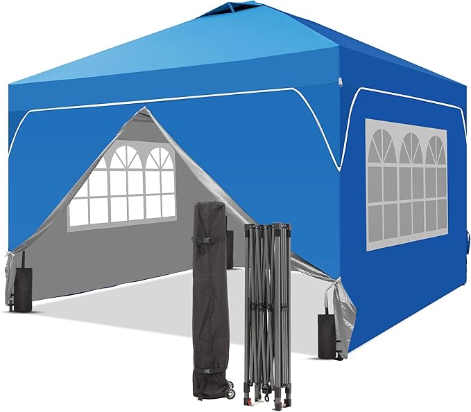 GDY 10x10 Patio Pop Up Canopy Tent with 4 Sidewalls, Easy Set up with One Push Lift Outdoor Silver Coated Beach Gazebos, Carpas with 4 Sandbags, for Parks, Parties,Camping, Blue.