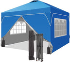 GDY 10x10 Patio Pop Up Canopy Tent with 4 Sidewalls, Easy Set up with One Push Lift Outdoor Silver Coated Beach Gazebos, Carpas with 4 Sandbags, for Parks, Parties,Camping, Blue.