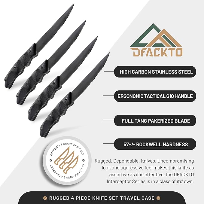 DFACKTO 4-PC Tactical Rugged 4.5 Inch Steak Knife Set - High Carbon Stainless Steel Stonewashed Knives in Kit, w/Black Travel Case & G10 Handles for Kitchen Cutlery for Camping & Cooking Utensils
