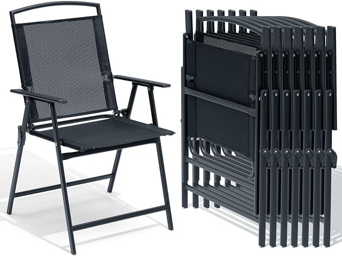 Crestlive Products Patio Folding Chairs Set of 8, Outdoor Folding Chairs with Durable Rust-Resistant Frame and Breathable Textilene Material for Outside, Black