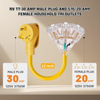 30 Amp to 110V 20 Amp RV Power Adapter, NEMA TT-30P Male to 3x5-15R/20R Household Outlets Splitter with LED Indicator, 3-Way 120V Electrical Y Adapter for RV Camping, Trailers, Home Garage Use
