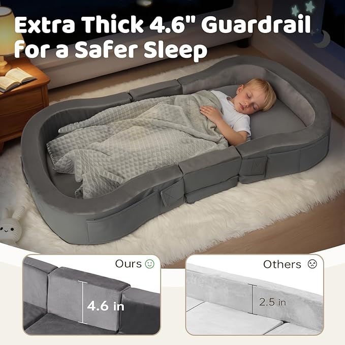 ENITYA Portable Toddler Bed for Travel, Foldable Floor Cot for Sleeping with Washable Cover, Kids Travel Bed for Camping & Home, Easy to Use, for Toddlers 18M–4Y, Dark Grey