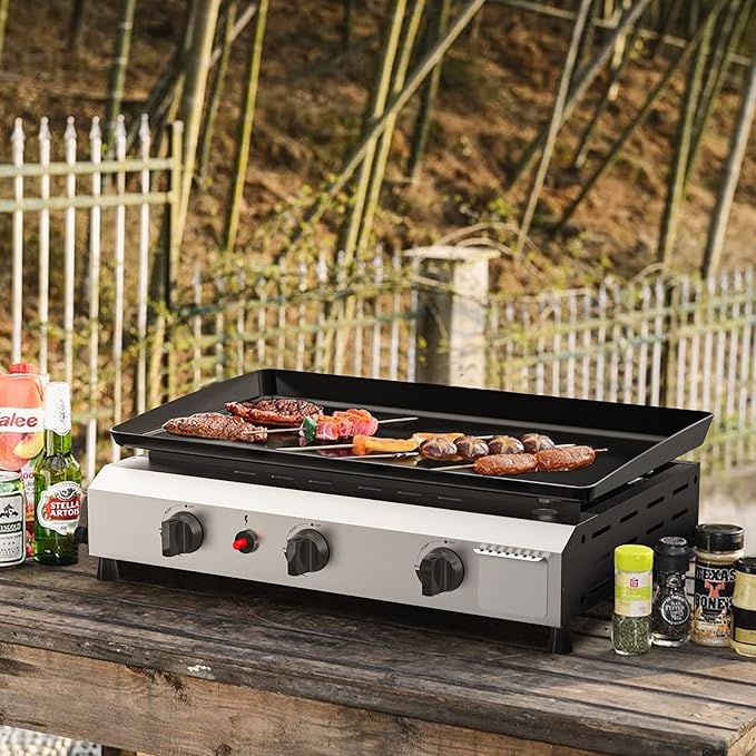 SKOK 3 Burner Gas Griddle- 23.3 Inch Outdoor Propane Griddle-30000 BTU Propane Fuelled, Portable Flat Top Gas Grill Camping Griddle Station for Kitchen, BBQ, Camping Tailgating