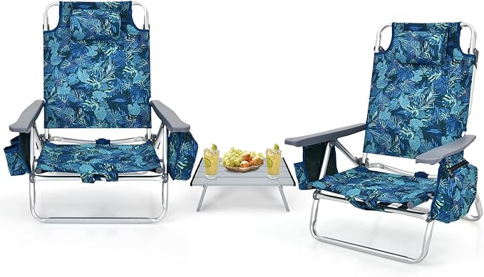 Tangkula 2 Pack with Table Beach Chairs, 5-Position Adjustable, Lightweight Folding, Navy