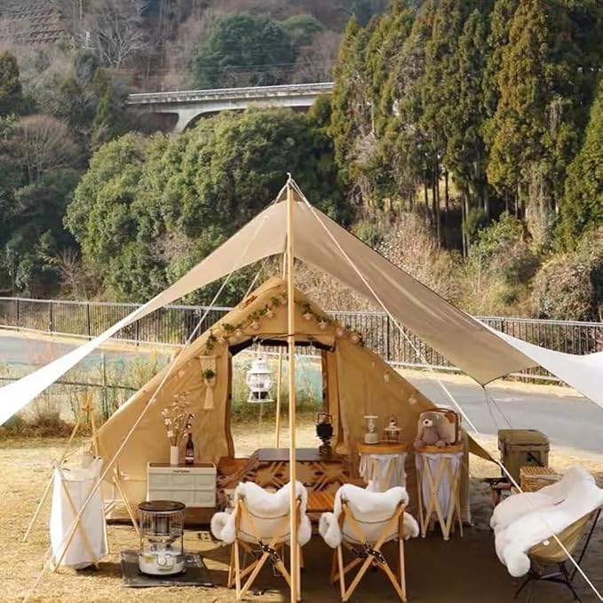 Large Luxury Inflatable Camping Tent Cotton Canvas Tent, Breathable and Waterproof Air Tent with Skylight and Stove Jack Hole for for 4-6-8-10 Person Family Camping