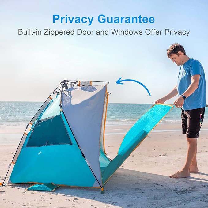 WolfWise 3-4 Person Beach Tent with UPF 50+ Sun Protection, Portable Ventilated Beach Shade Canopy with Extended Porch, Easy Setup & Windproof Design, Blue