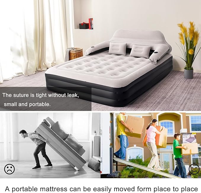 RAPTAVIS Queen Size Air Mattress Inflatable Bed with Pump and Headboard, Blow Up Mattress